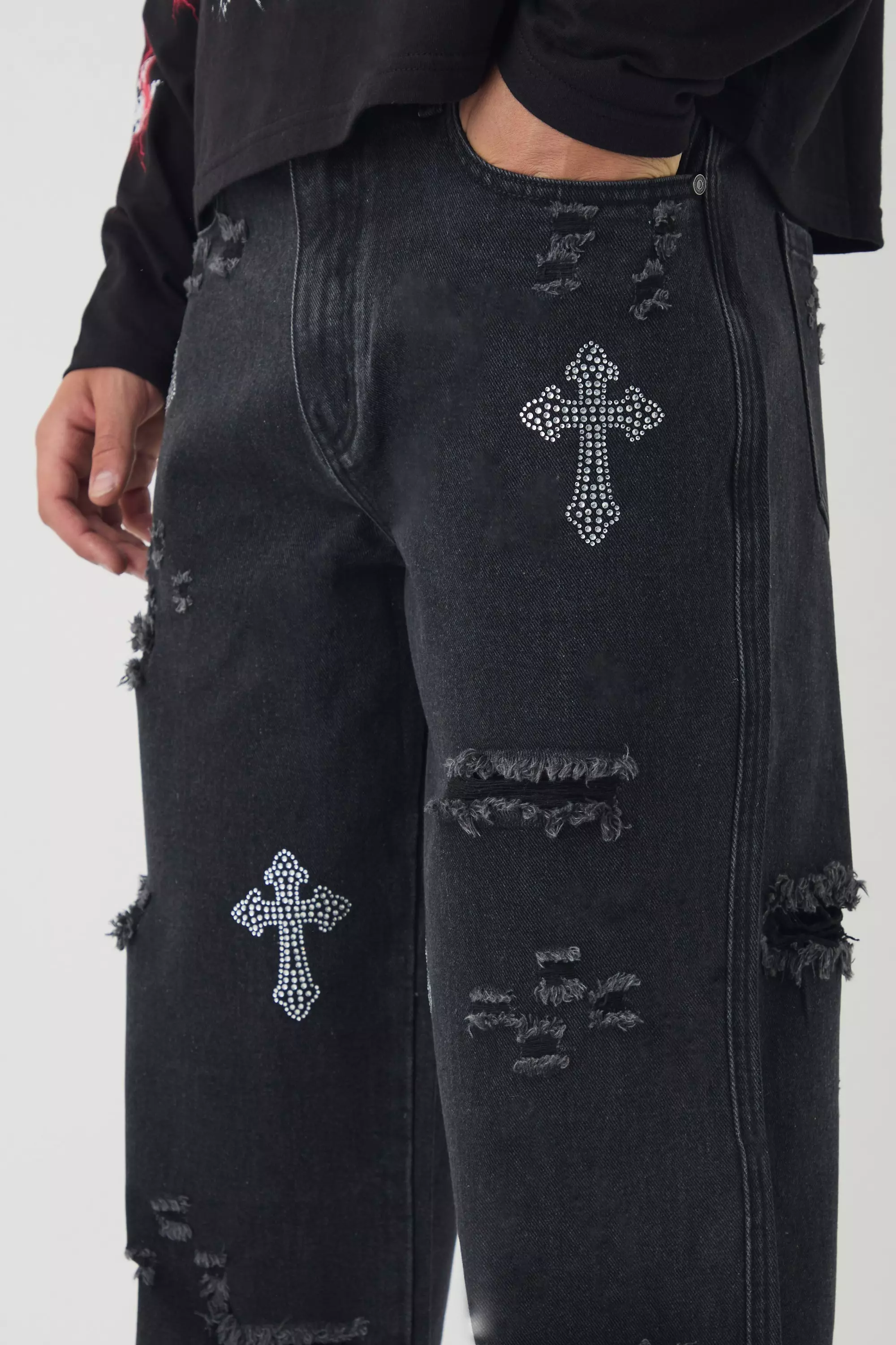 Relaxed Fit Rhinestone Cross Ripped Jeans | boohooMAN USA